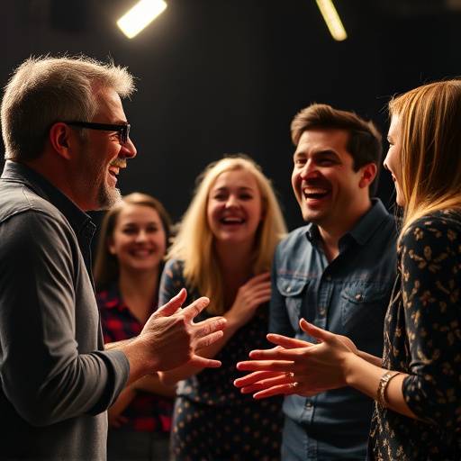 A group of actors participating in an improv exercise, laughing and engaging with each other.