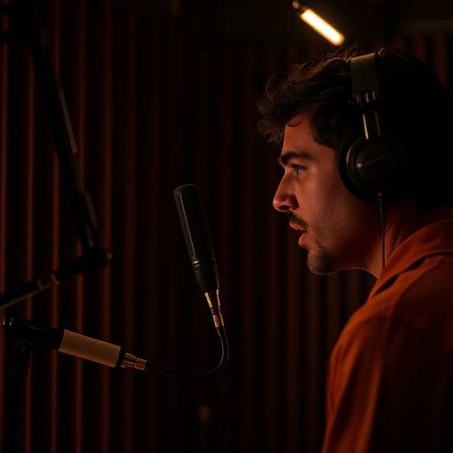 A voice actor in a sound booth, using a microphone, intensely focused on the script.
