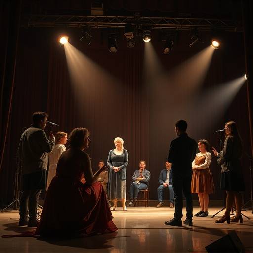 Actors rehearsing a scene from a classic play on stage.