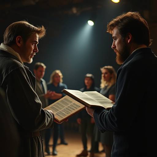 Actors rehearsing a scene from Shakespeare, intense and focused on their roles.